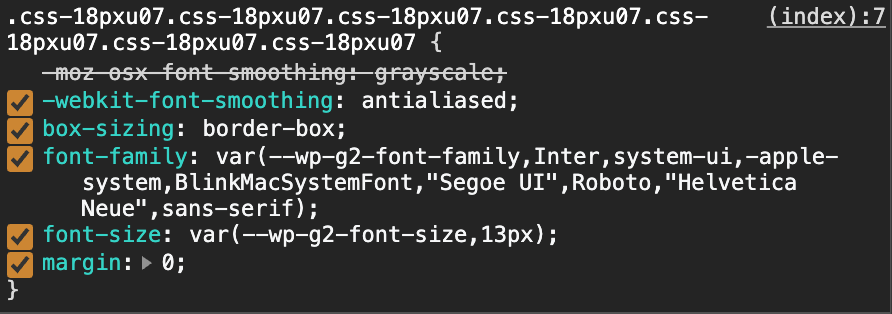 A screenshot of outputted compounded hashed classNames from a G2 component.