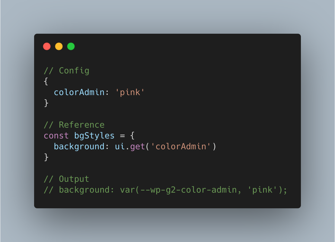 A simplified example of how G2’s variable flows from a central definition to CSS output.